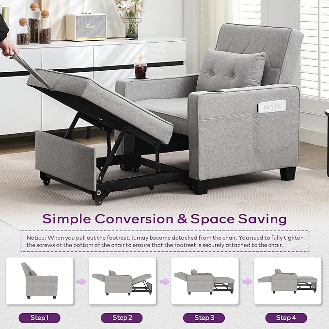 TYBOATLE Convertible Sleeper Chair Bed for Adults, 3-in-1 Pull Out Sofa Chair Bed with USB/Type-C Ports, Cup Holders, Side Pockets, Single Sofa for Living Room, Bedroom, Small Space (Grey)