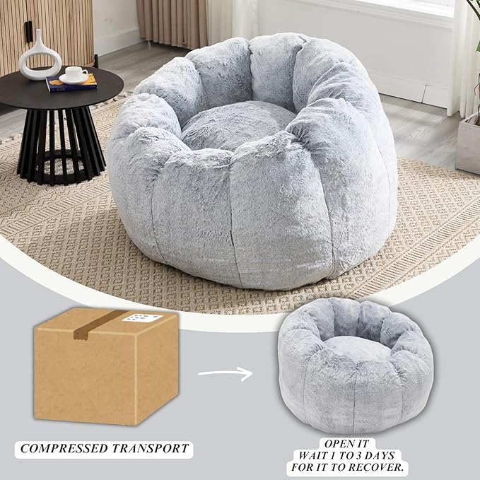 LukeAlon Faux Fur Bean Bag Chair with Filler & Petal Armrest Fluffy Floor Sofa Chair for Adults, 44"×44"×26" Cozy Seating for Bedroom, Living Room, Game Room (Grey)