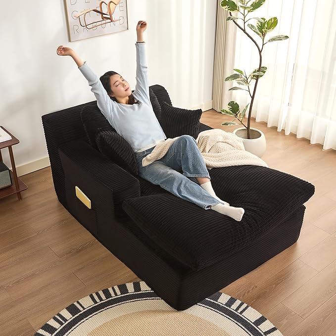 63" Oversized Boneless Chaise Lounge Chair, Extra Cloud Layer, Convertible Sleeper Sofa Couch with Removable Pillows & Side Pockets, Corduroy Upholstered Sofa Bed with Armrests for Living Room, Black