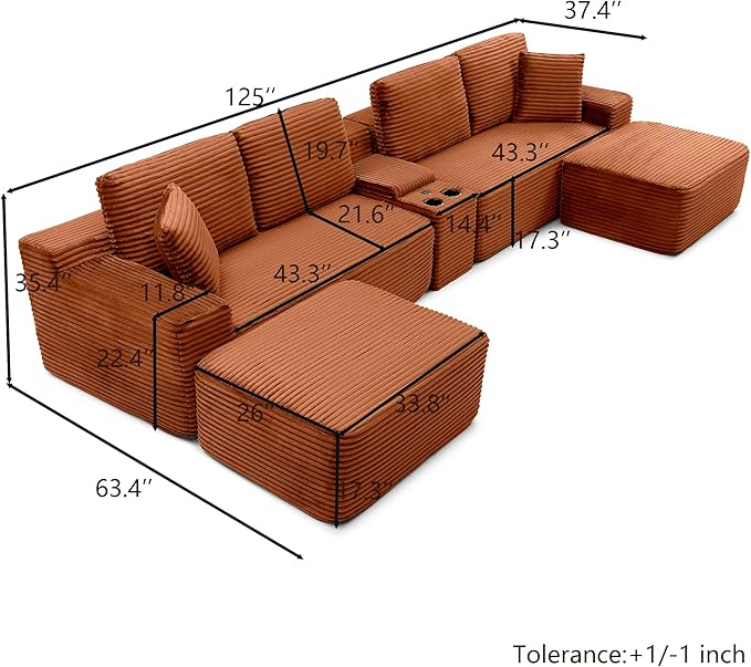 125” Oversized Modular Sectional Sofa, Deep Seat Corduroy Cloud Couch with Cup Holders, USB Ports & Storage Box, Sleeper Sofa Couch Boneless Couches for Living Room, No Assembly Required (Orange)