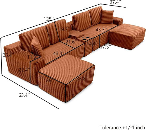 125” Oversized Modular Sectional Sofa, Deep Seat Corduroy Cloud Couch with Cup Holders, USB Ports & Storage Box, Sleeper Sofa Couch Boneless Couches for Living Room, No Assembly Required (Orange)