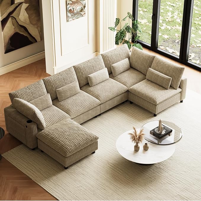 130" W x 67" D U Shape Sectional Sofa with USB Charging & Cup Holder & Storage, 6 Seater Plush Corduroy Couches with Movable Ottoman, Cloud Couch Sofas for Living Room, DIY Combination - Light Camel