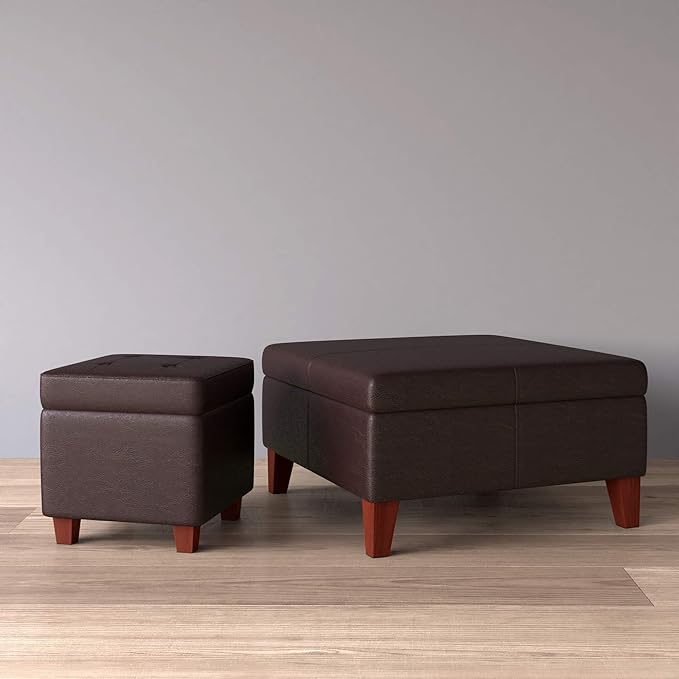 HomePop Faux Leather Square Storage Ottoman with Wood Legs, Distressed Brown
