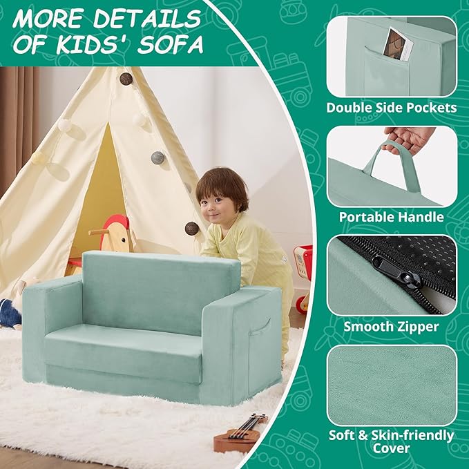 Kids Couch, 2-in-1 Toddler Chair Comfy 1-3 Years, Convertible Kids Chair, Toddler Couch That Fold Out, Kid Lounge Chairs for Boys and Girls, Soft Coral Fleece, Double, Teal