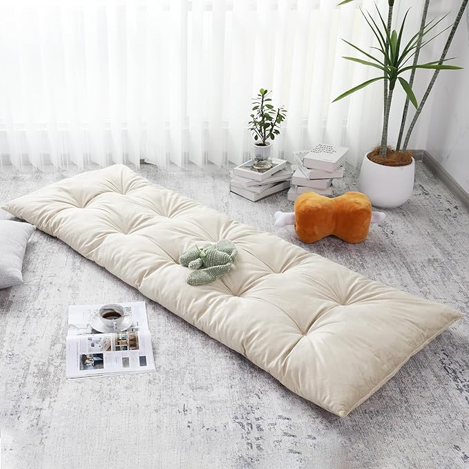 BALAPET Floor Lounger Pillow,Foldable Light Thick Tufted Floor Pillow Cushion with Elasticized Webbing for Easy Storage.Floor Lounger for Meditation,Playing,Yoga,Reading,Sleeping(Beige White)
