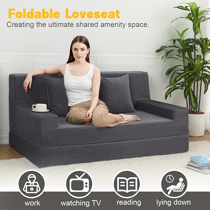 MeMoreCool Folding Sofa Bed Queen – Corduroy Convertible Foam Sleeper Chair, Fold-Out Futon Couch Bed | Machine Washable | High-Density Foam | Guest & Living Room Seating