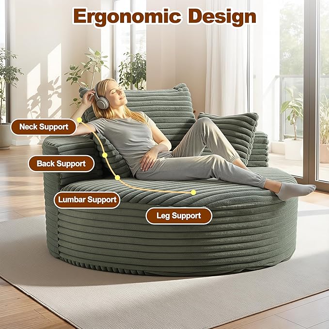 55'' Oversized Round Boneless Chaise Lounge Chair Indoor, Upholstered Corduroy Deep Seat Cloud Large Circle Sofa Couches Bed Corduroy Modern Floor No Assembly Sleeper Bed for Living Room, Bedroom
