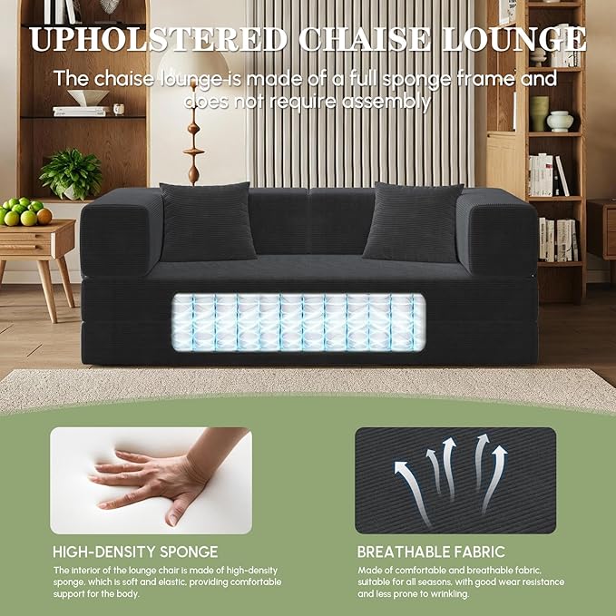 4-in-1 Convertible Sofa Bed, 78 Inch Corduroy Loveseat Sleeper with Pull-Out Bed, Boneless Fixed-Frame Floor Futon for Living Room