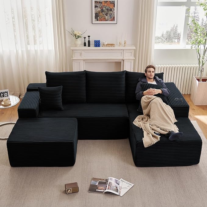 Lakifun 107" U-Shape Cloud Couch, Modern Modular Sectional Comfy L-Shape Sofa with Ottoman, Deep Seat, Upholstered Corduroy Sleeper Chaise Longue for Living Room Bedroom, No Assembly Required, Black
