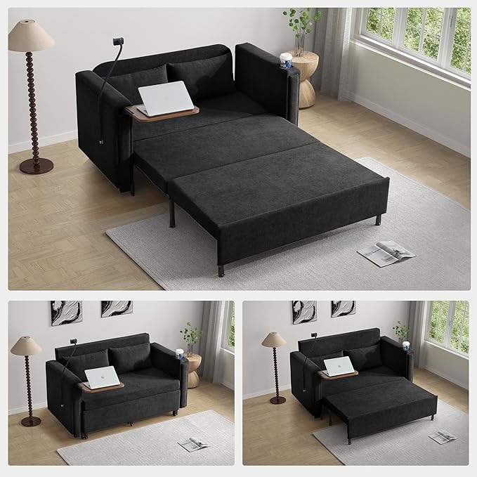 ORRD Pull Out Sofa Bed, 2-in-1 Multi-Functional Sleeper Couch Small Loveseat Bed with Hidden Side Table, Phone Holder and Cup Holder for Living Room, Small Space, Apartment (Black)