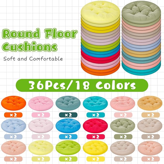 Tinideya 36 Pcs Round Floor Pillows 15.7 Inch Flexible Seating Pillows Chair Floor Cushions Reading Cushions for Kids Adults Classroom Home School Playing Supplies,18 Colors (Multicolor)