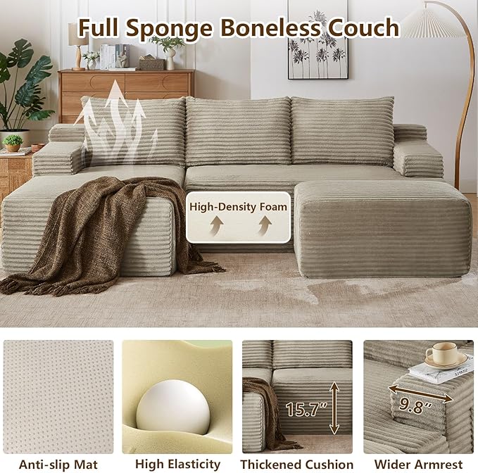 96" U-Shape Cloud Couch, Modern Modular Sectional L-Shape Sofa with Ottoman, Corduroy Upholstered Couches Deep Seat Sleeper Chaise Longue for Living Room, No Assembly Required(Camel, Left Facing)