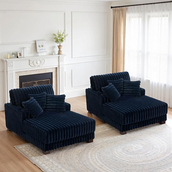 UIXE Chaise Lounge Chair Indoor, Oversized Sleeper Chair with 2 Cup Holders, Faux Fur Upholstered Sofa Bed Comfy Recliner Solid Wood Frame Reading Seat for Living Room, Bedroom, Apartment - Navy
