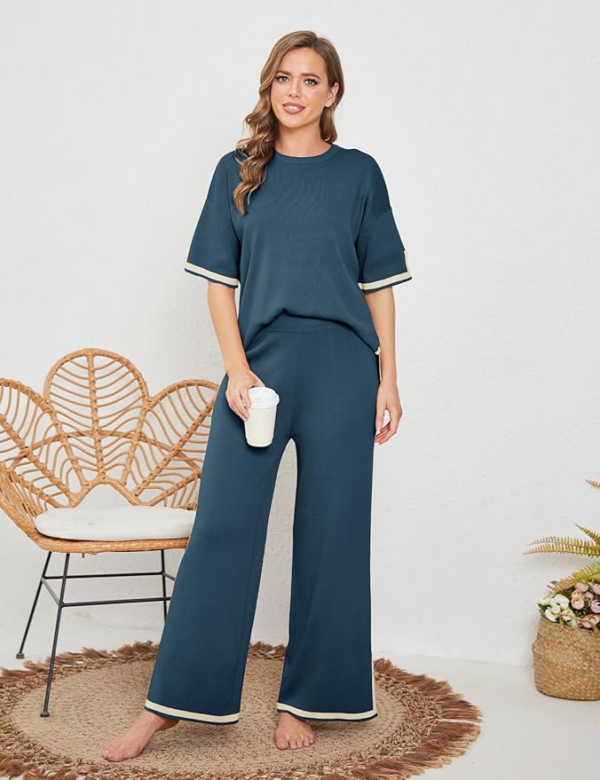 Faleave Womens Knit 2 Piece Sweater Sets Short Sleeve Pullover Tops Elastic Waist Wide Leg Pants Lounge Set