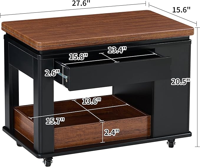 27.6" Modern Multi-Function Coffee Table with Foldable Top & Casters,Side Table with Multi-Tier Storage,Black & Walnut