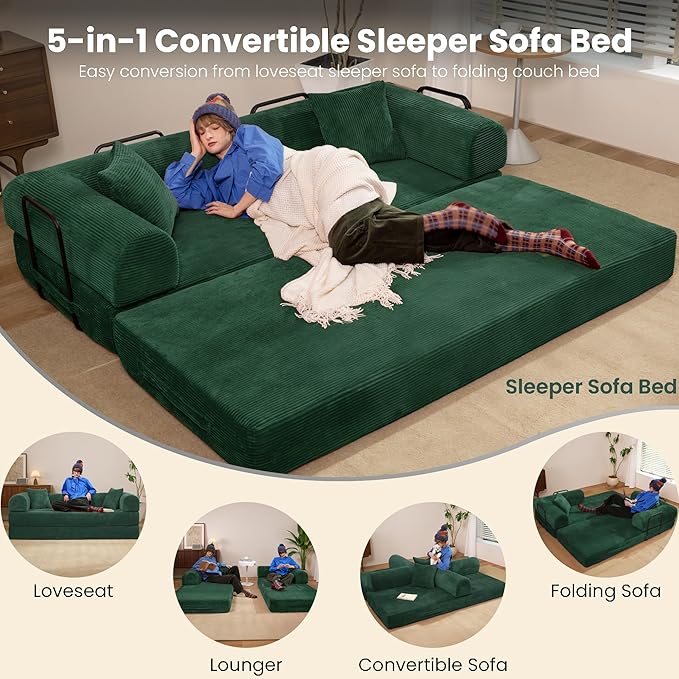 79" Convertible Sofa Bed, Boneless Corduroy Sleeper Foldable Modular Couch, Memory Foam Compressed Sofa, Folding Mattress Floor Couch for Small Space Living Room Apartment Bedroom, Hunter Green