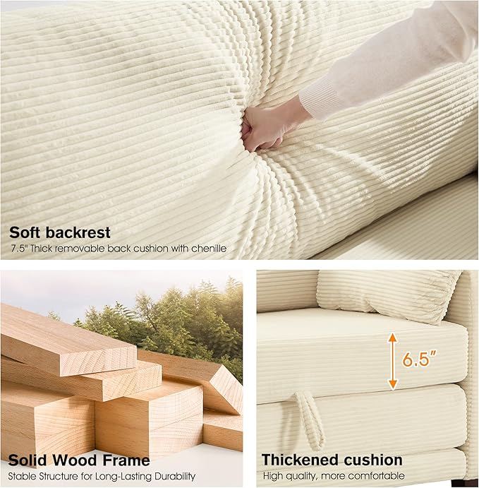 kakuboohi 65" Loveseat Sleeper Sofa Bed, Corduroy Convertible Sofa Bed for Small Spaces, Folding Couch Bed with Deep Seat, 2 Pillows & Solid Frame, Pull Out Floor Couches for Living Room, Beige