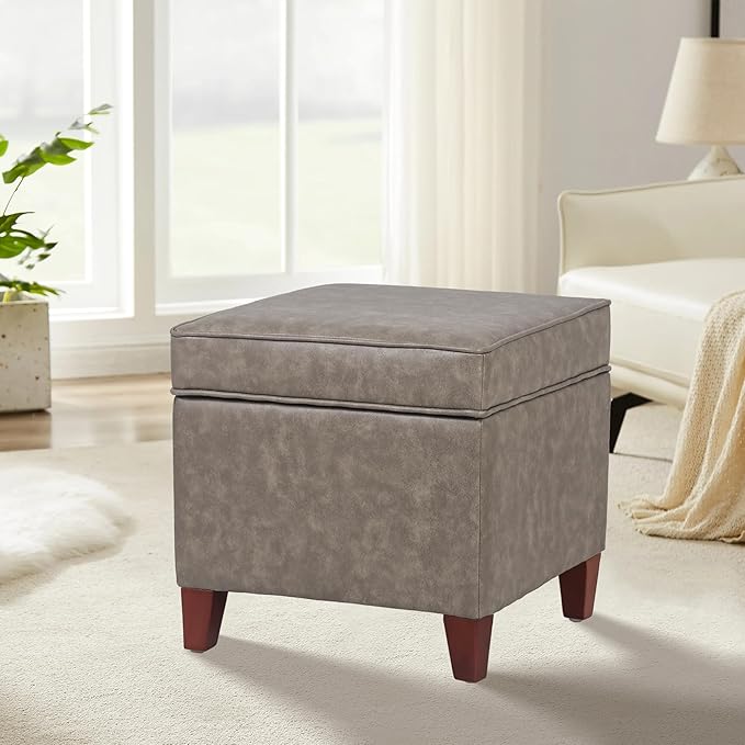 Adeco 17.5" Square Faux Leather Ottoman with Storage - Upholstered PU Foot Rest - Flip Top Footstool with Sturdy Wood Legs, Small Cube Coffee Table Extra Seat for Living Room, Bedroom, Coffee Brown
