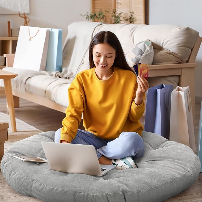 Large Floor Cushion Seating Round Floor Pillow Cushion for Adults Oversized Playroom Pillows Reading Nook Big Pillow for Sitting Meditation Yoga Living Room Sofa Balcony(Gray,Classic)