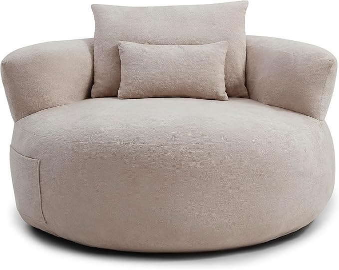 Round Boneless Cotton Linen Bean Bag Chair with Side Pocket - Compressed No Assembly Barrel Chaise Lounge, Soft Floor Sofa for Living Room & Bedroom (Khaki)