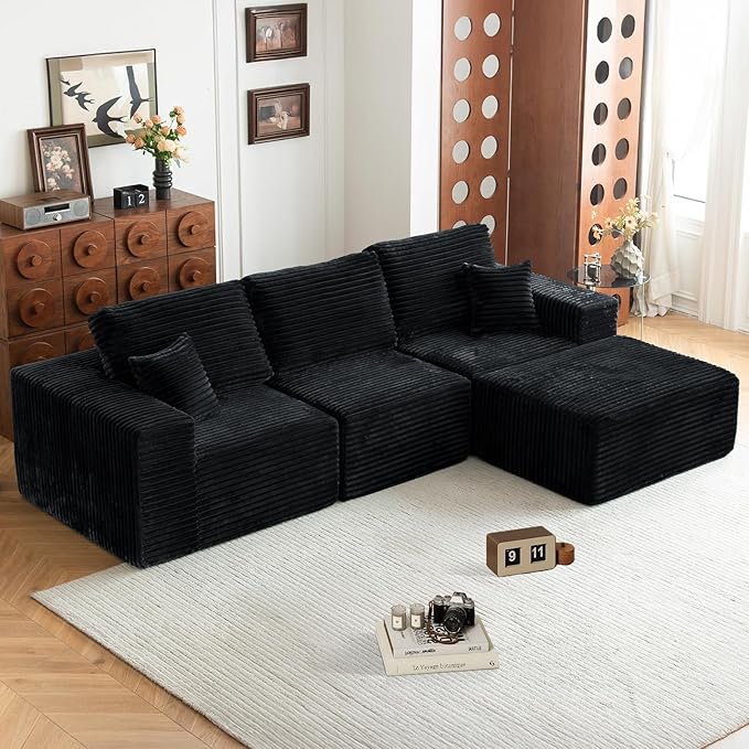 MODNEST 108" Modular Sectional Sofa Cloud Couch with Deep Seats, L Shape Couch with Chaise and Movable Ottoman, Sectional Couches for Living Room, Comfy Boneless Couches No Assembly Required, Black
