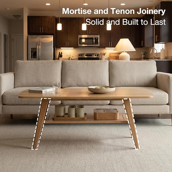 Mid Century Modern Coffee Table: 100% Solid Wood Coffee Table - 2-Tier Storage Design - Practical Coffee Tables for Living Room, Apartment, Easy Assembly (Natural, 47.24")