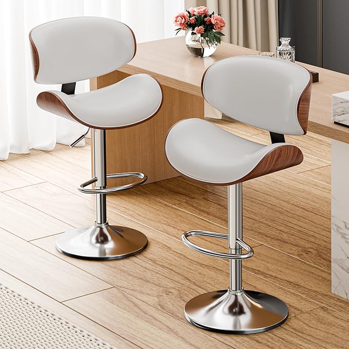 Aowos Bar Stools, Adjustable Swivel Leather Bar Stools for Kitchen Island, Mid Century Modern Counter Height Bar Chairs Barstools with Back & Footrest (White 1PCS)