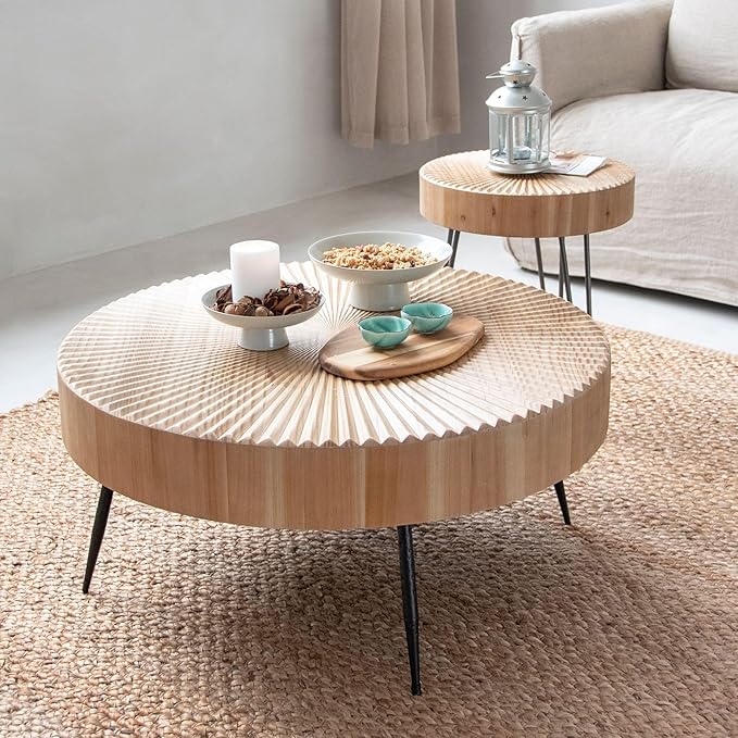 COZAYH 2-Piece Round Nesting Coffee Table Set, Natural Wood Top with Black Metal Legs, Radial Pattern – Rustic Farmhouse Accent for Living Room or Bedroom – Space-Saving Modern Furniture