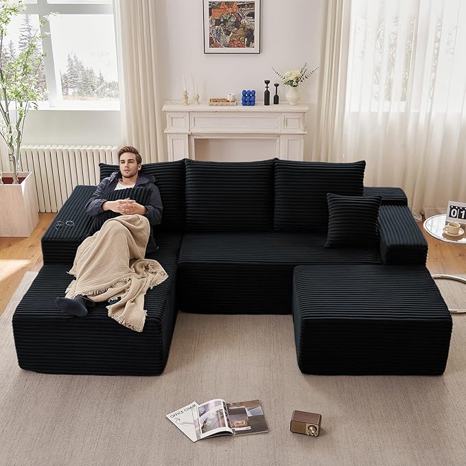 Lakifun 107" L-Shape Sofa with Ottoman, Modern Modular Sectional Comfy U-Shape Cloud Couch, Deep Seat, Upholstered Corduroy Sleeper Chaise Longue for Living Room Bedroom, No Assembly Required, Black