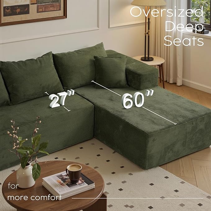 Sectional Cloud Boneless Couch for Living Room Bedroom, Comfy Modern L Shaped Modular Sofa with Right Facing Chaise, Deep Seat Memory Foam Couch in Box, No Assembly (Fine Striped Corduroy, Green)