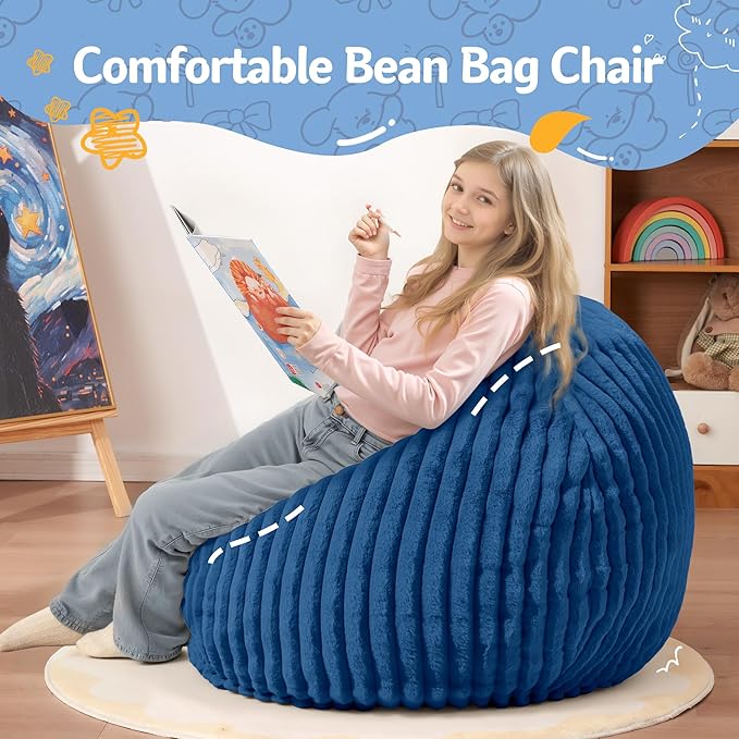 Homguava 2FT Bean Bag Chair, 2' Small Bean Bags with Memory Foam Filled, Beanbag Chairs with Machine Washable Cover Dutch Corded Plush Cover for Classroom,Living Room,Bedroom-Blue