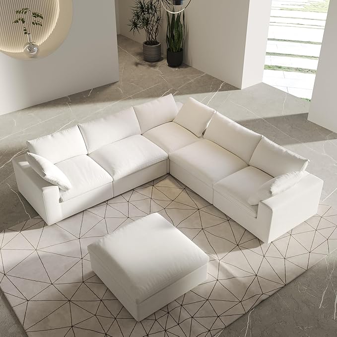 V-Shaped Cloud Sectional Couch, Modular Sectional Sofa, Modern Comfy Cloud Sofa with Storage Ottoman, Covers Removable, Convertible Sleeper Couch for Living Room Apartment (White, Linen Fabric)
