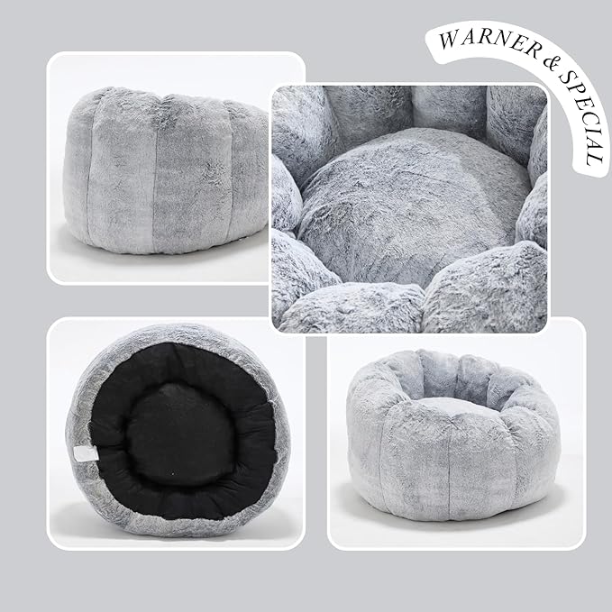 LukeAlon Faux Fur Bean Bag Chair with Filler & Petal Armrest Fluffy Floor Sofa Chair for Adults, 44"×44"×26" Cozy Seating for Bedroom, Living Room, Game Room (Grey)