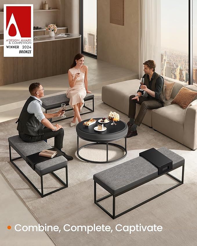 SONGMICS HOME LUIZ Collection - Ottoman, Round Coffee Table, Footstool, Reversible Top, Padded Seat, Side Table, Minimalist, Steel Frame, Max. Load 660 lb, for Living Room, Dove Gray ULOM078G01