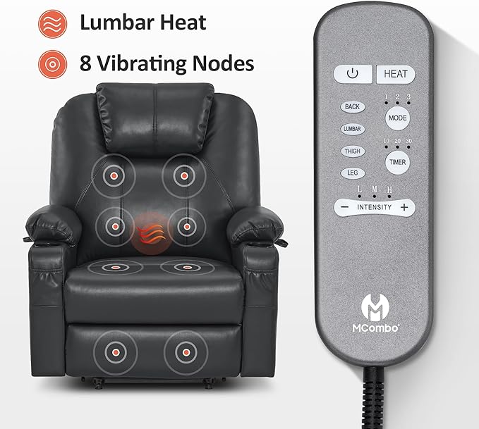 MCombo Oversized Power Lift Recliner Chair for Elderly, Lift Chair with Heat and Massage for Big and Tall, USB&Type C Ports, Cup Holders, Faux Leather R7510 (Black, Large-Wide)