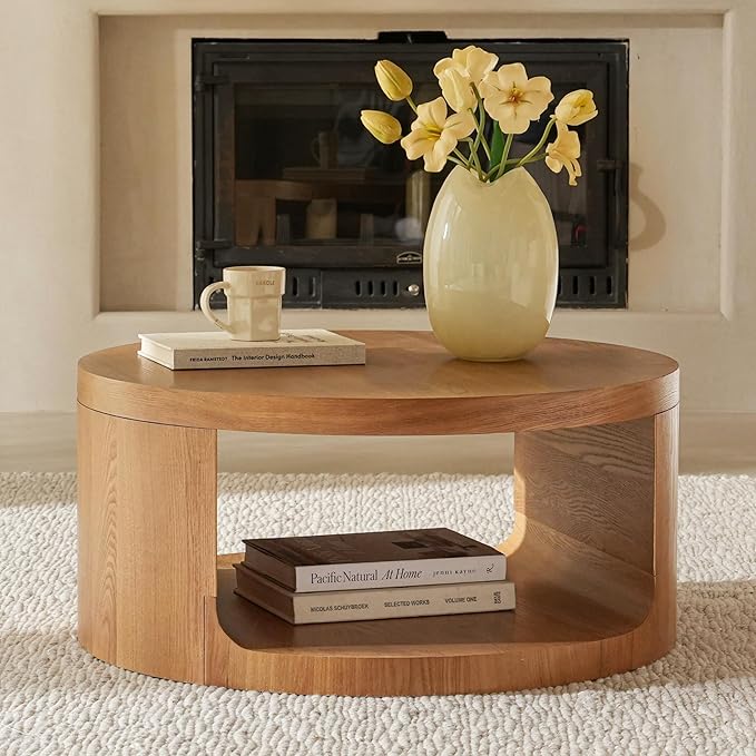 Veihaus Round Coffee Table with Storage, 31.5" Modern Living Room Table, 2 Tier Circle Wood Center Tables for Apartment, Living Room, Open-Style Storage Coffee Tables, 31.5"*15.7" (Nature Wood)