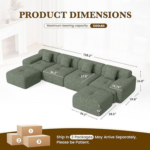 158" U Shaped Convertible Modular Couch, Cloud Couch Sectional with Ottoman, 6-Seater Chenille Boneless Couches for Living Room, Apartment, No Assembly, Green 1PCS