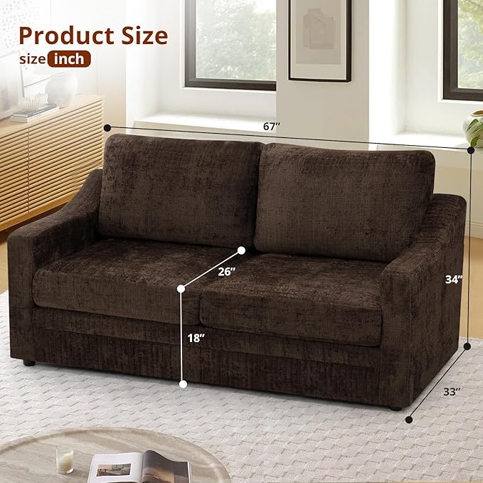 ACMEASE 67 Inches Chenille 2-Seat Sofa w/Comfortable Back Cushions, Modern Love Seat w/Deep Seat Space, Upholstered 2 Seater Couch w/High Resiliency Foam for Living Room, Office, Brown