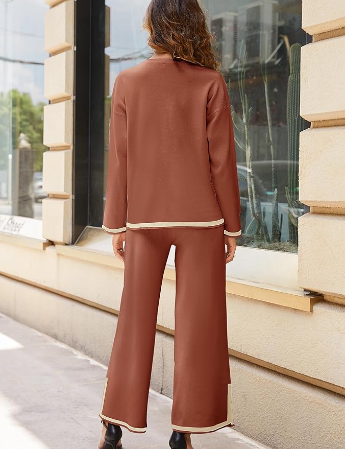 Tanming Women's 2 Piece Outfits Long Sleeve Knit Sweater Top Wide Leg Pants Lounge Sets Tracksuits