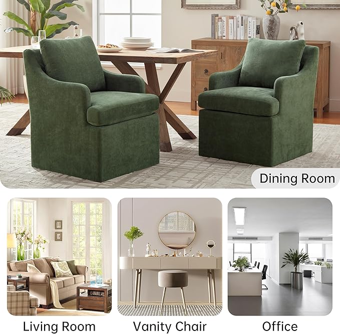 VKNOW Upholstered Dining Chairs Set of 2, Modern Kitchen Chairs Dining Room Chairs with 4 Casters, Linen Armchair for Bedroom Reading Room Living Room, Green