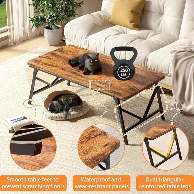 Folding Coffee Table, Leg Latches Portable Sturdy Floor Table, No Assembly Low Coffee Table for Living Room, Home, Office, Rustic Brown, Caravan and Outdoor use,31.5L‘ x 15.8W’ x 15.8H’