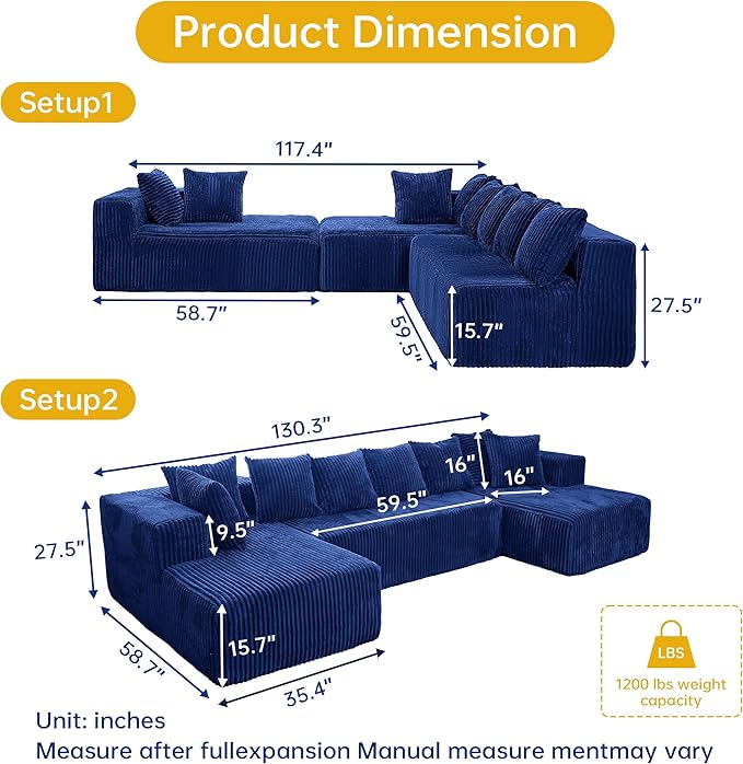 130" Boneless Couch, Cloud Couch Sectional, Corduroy Sofa for Living Room, U Shaped Modular Sofa with Chaise, No Assembly, 4 Seats Oversized (Blue)