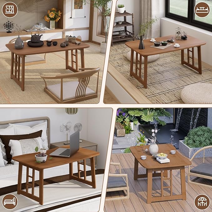 Folding Coffee Table, Foldable Japanese Floor Low Table Small Coffee Tables for Sitting On The Floor, No Assembly Portable Tea Table for Living Room Meditation Tea Room Tatami Zen Dining (Brown)
