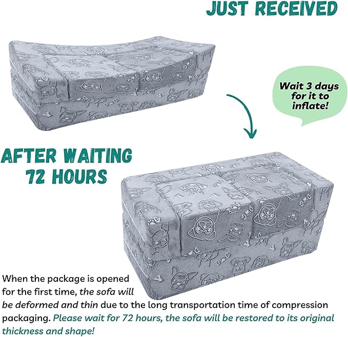 MeMoreCool Kids Sofa Couch, Glow-in-The-Dark Plush Cover, Convertible Foam Loveseat with Armrests & Pocket, Gray Dog Pattern, Playroom & Bedroom Children’s Furniture, 39" x 20" x 16"