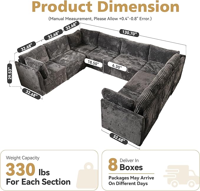 CAODOC Large 8 Seat Modular Sectional Sofa with Ottoman Seat Corduroy Sleeper Sectional Sofa Bed Oversized Convertible Modular Couch for Living Room