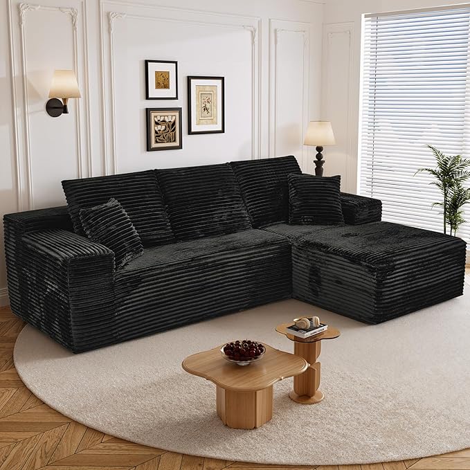 108" Boneless Cloud Sectional Couches for Living Room, Comfy Fluffy L Shaped Memory Foam Deep Seat Boneless Couch, Modular Sectional Sofa with Right Facing Chaise, Black