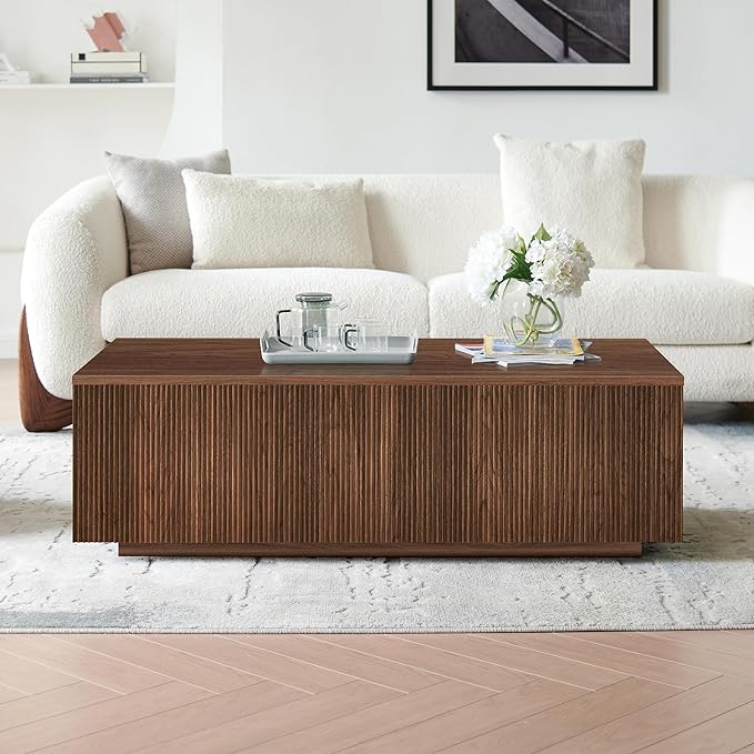 Henn&Hart 48" Fluted Rectangular Low-Profile Coffee Table for Living Room, Family Room, or Office, Satin Walnut