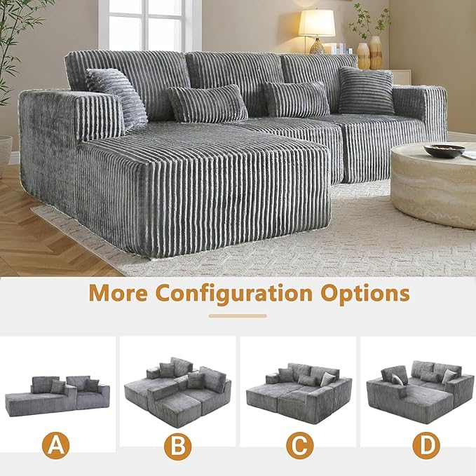 Vanress 110" Cloud Couch Sectional, Corduroy Boneless Couch with L-Shape Chaise,Modern Modular Sectional Sofa Comfy Deep Seat for Living Room, Bedroom, No Assembly (Dark Grey, Left Facing Chaise)