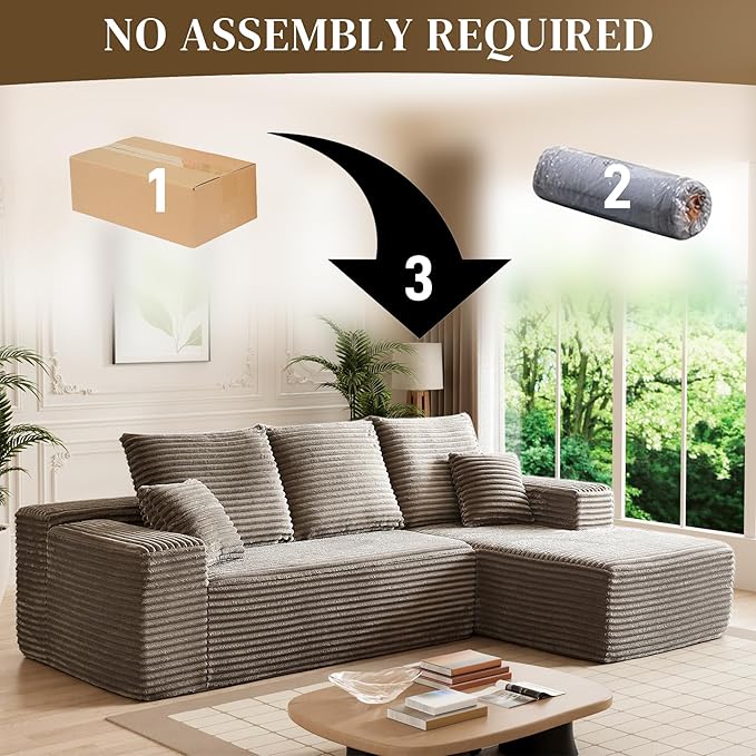 HYJT H&K Modular Sectional Sofa Cloud Couch, 107" Comfy L Shaped Sectional Couches for Living Room, Deep Seat Memory Foam Plush Fluffy Corduroy Boneless Couch Sectionals Right Facing Sofa Chaise Camel