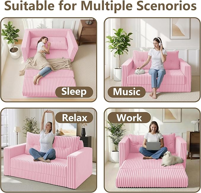 HABUTWAY Folding Sofa Bed, 2 in 1 Convertible Sleeper Chair with Pillow, Portable Fold Out Chair Bed with Armrest, Comfy Floor Couch, Lazy Sofa for Living Room Bedroom Dorm Home Office, Pink